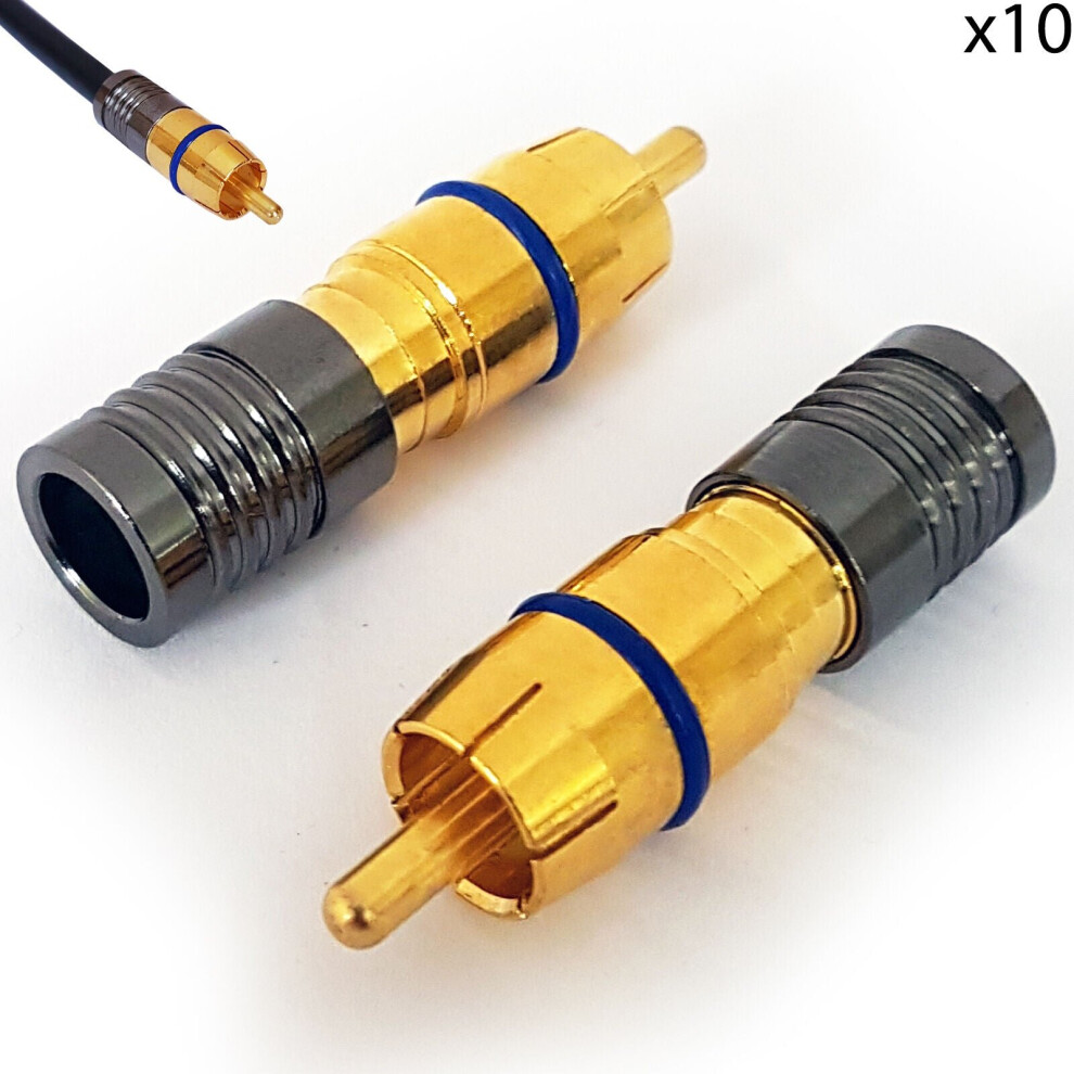 10x RCA PHONO Compression Crimp Connectors RG6 Coaxial Cable Male AV Audio Plug