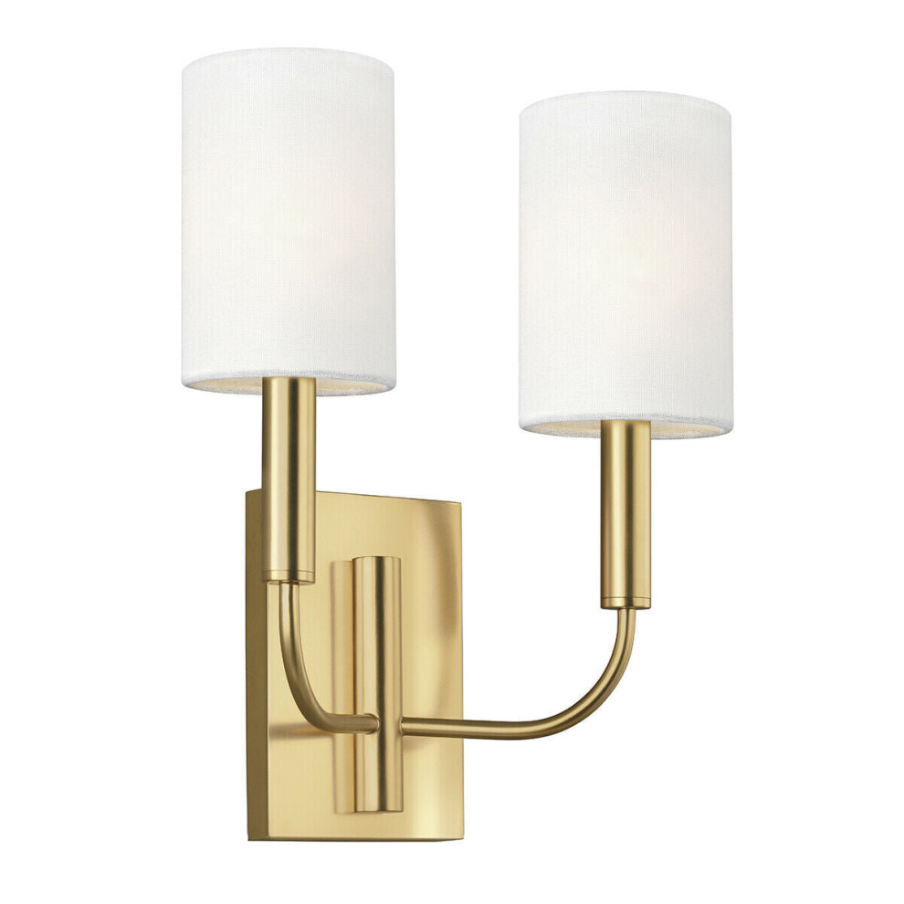Loops Twin Wall Light White Linen Cylindrical Shades Burnished Brass Led E14 60W