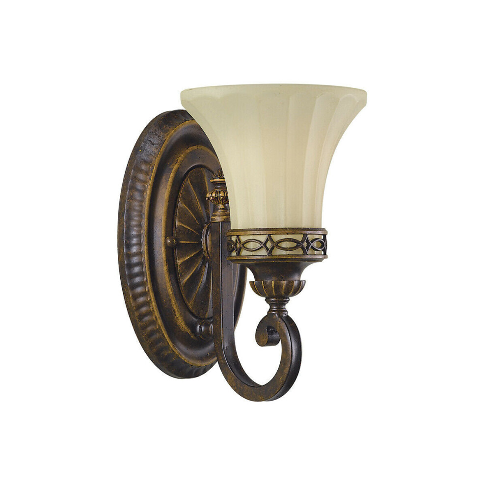 Wall Light Fluted Glass Shade Detailed Carved Wall Plate Walnut LED E27 60W