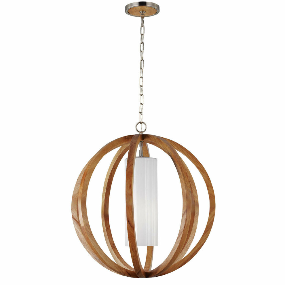 1 Bulb Ceiling Pendant Light Fitting Light Wood Brushed Steel LED E27 75W Bulb