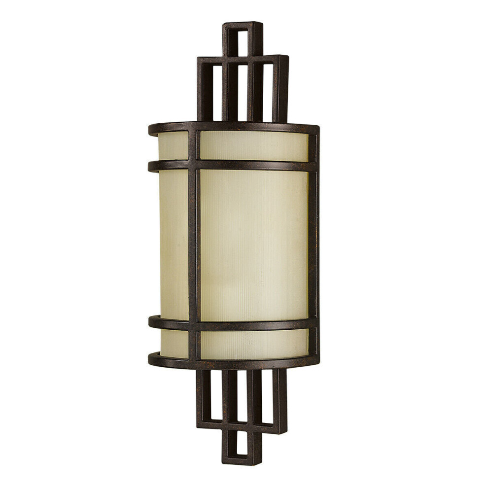 Loops Wall Light Horizontal Metal Band Amber Ribbed Glass Shade Bronze Led E27 60W