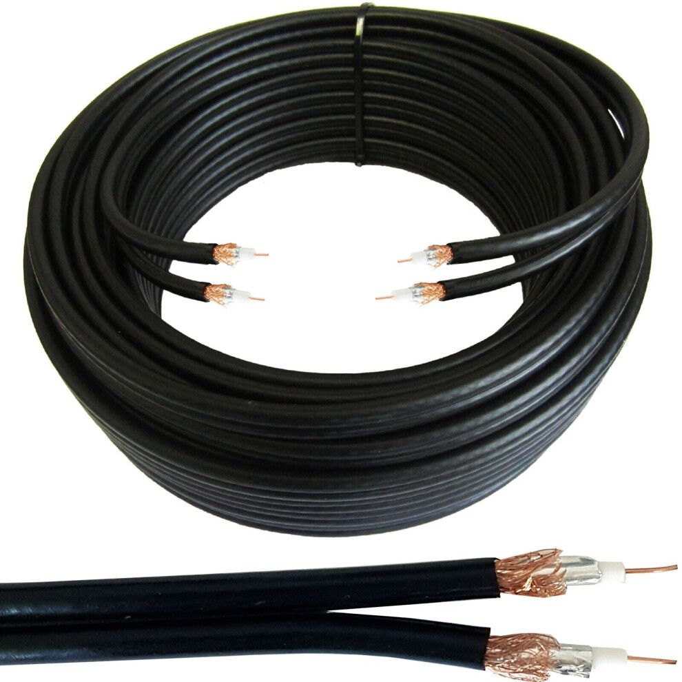 Loops 50M Twin 2X Wf65 Thin Coaxial Cable Shotgun Satellite Sky Plus/Hd Freesat Black