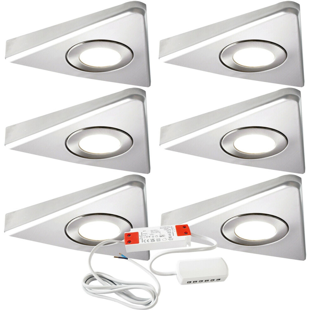 6x BRUSHED NICKEL Triangle Surface Under Cabinet Kitchen Light & Driver Kit - Natural White LED