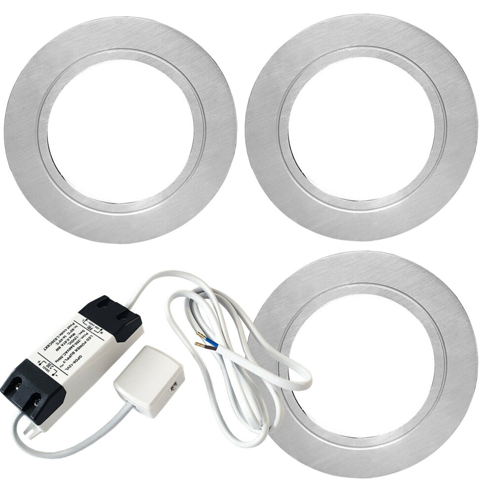 3x CHROME Round Flush Under Cabinet Kitchen Light & Driver Kit - Natural White LED