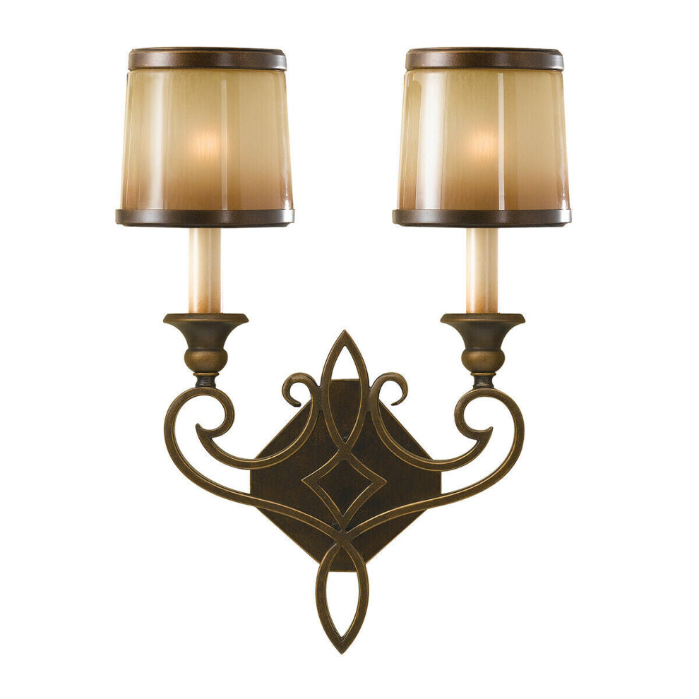Loops Twin Wall Iron Scroll Detail Glass Aged Oak Astral Led E14 60W Light/Bronze