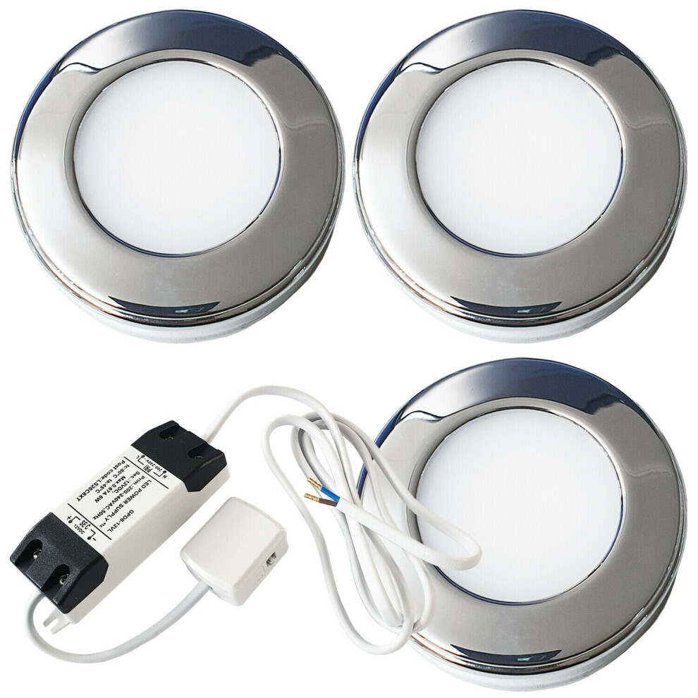 3x 2.6W LED Kitchen Cabinet Surface Spot Lights & Driver Chrome Natural White