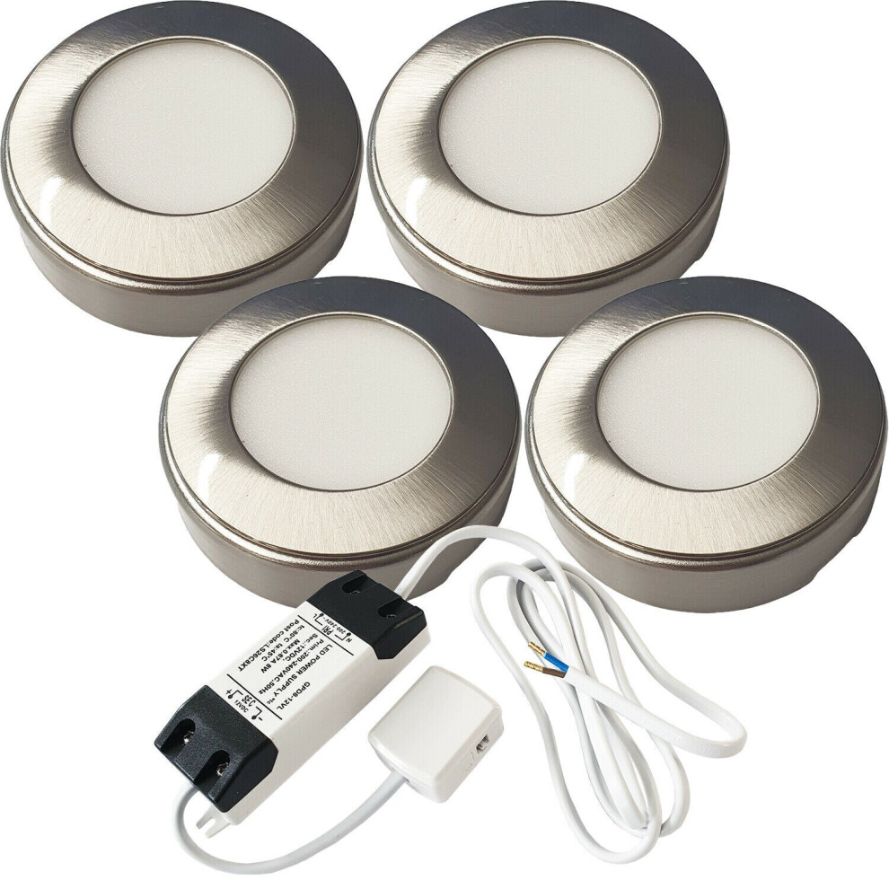 4x 2.6W LED Kitchen Cabinet Surface Spot Lights & Driver Kit Steel Warm White