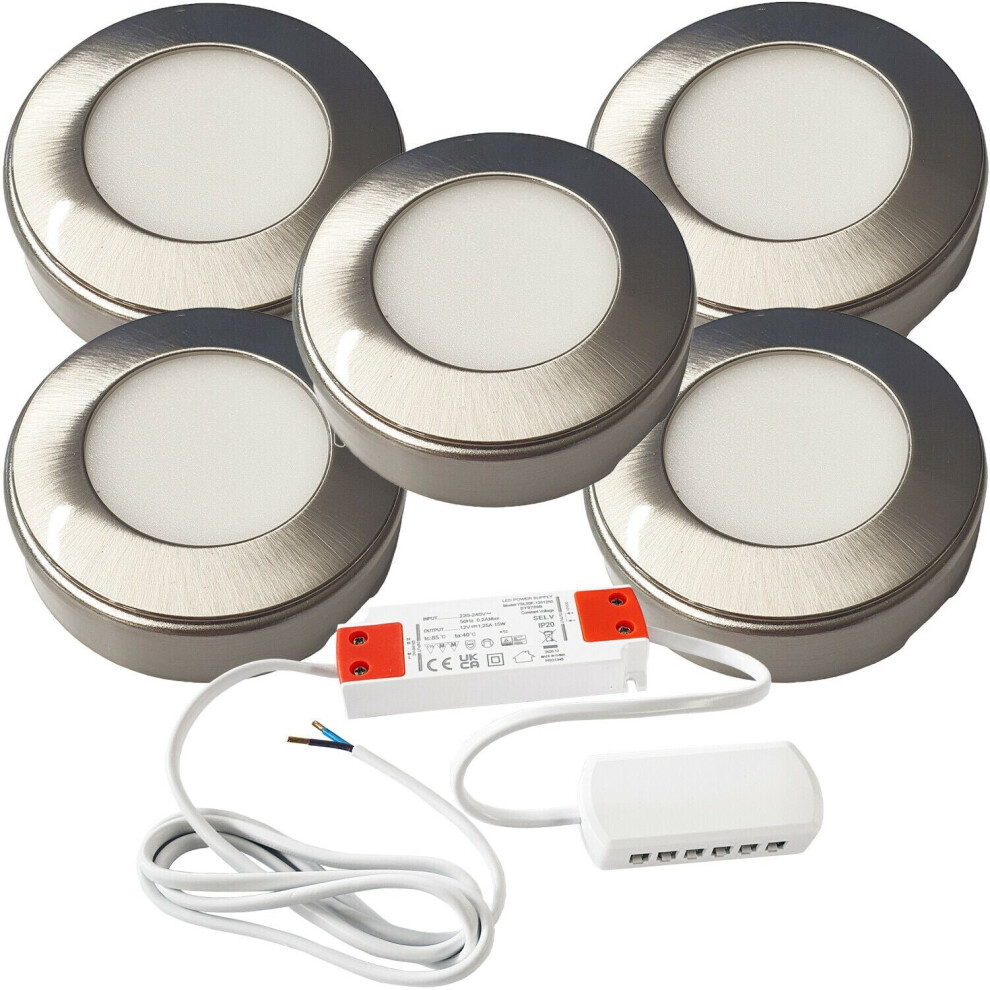 5x BRUSHED NICKEL Round Surface or Flush Under Cabinet Kitchen Light & Driver Kit - Natural White LED