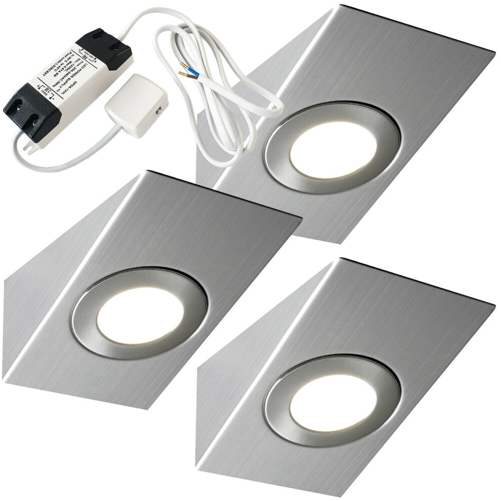 3x BRUSHED NICKEL Wedge Surface Under Cabinet Kitchen Light & Driver Kit - Natural White LED