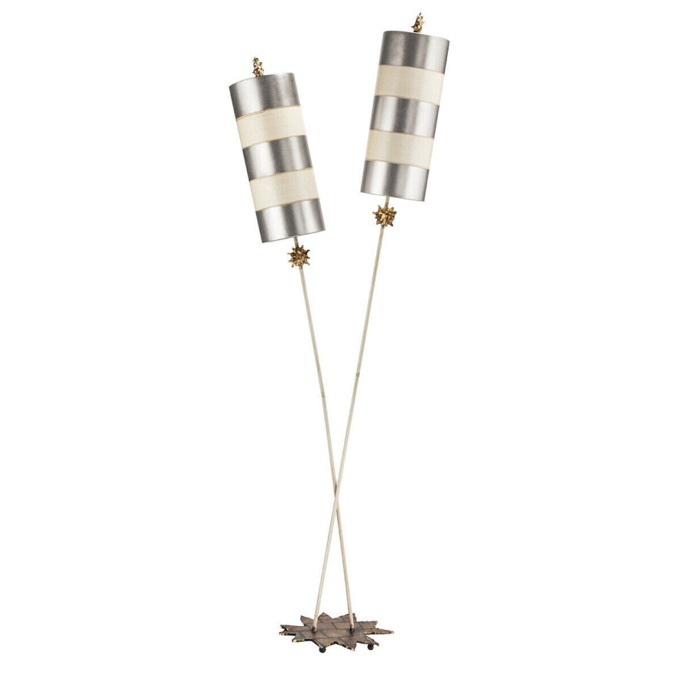 Loops 2 Bulb Floor Lamp Beige Silver Leaf Striped Shades Star Shaped Base Led E27 60W