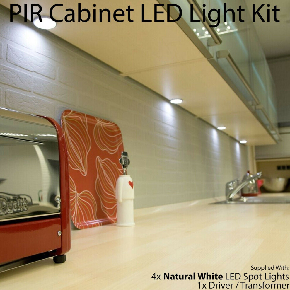 Auto On/Off LED Kit 4 In Under Cabinet Kitchen Light PIR Motion Sensor Detector