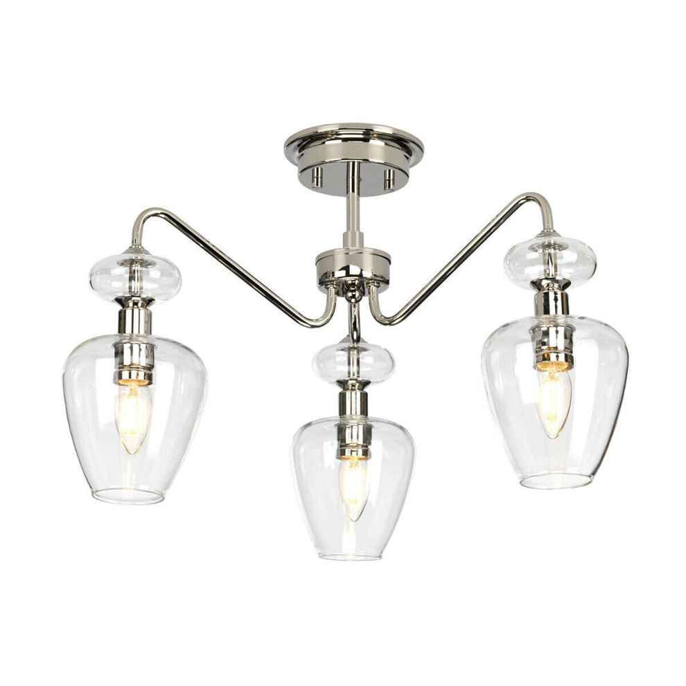 Loops 3 Bulb Semi Flush Light Highly Polished Nickel Clear Glass Shades Led E14 40W