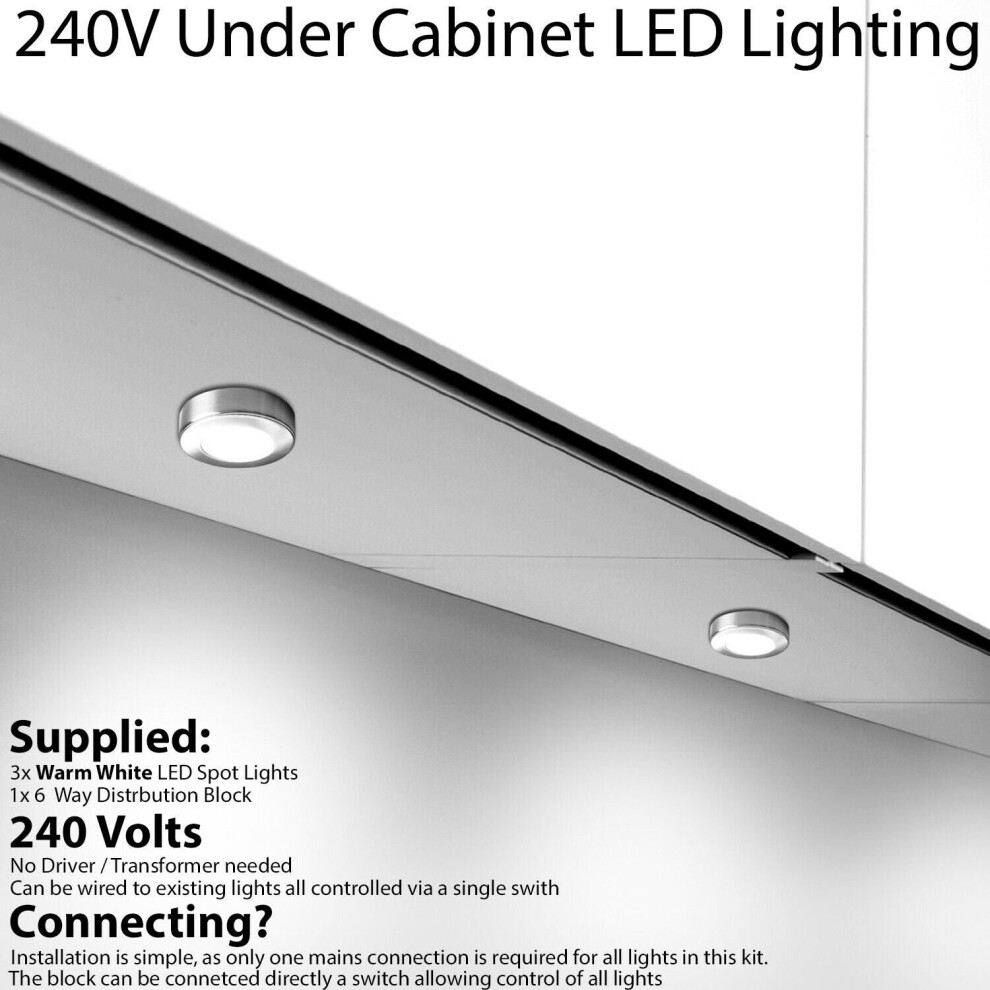 3x BRUSHED NICKEL Round Surface or Flush Under Cabinet Kitchen Light Kit - 240V Mains Powered - Warm White LED