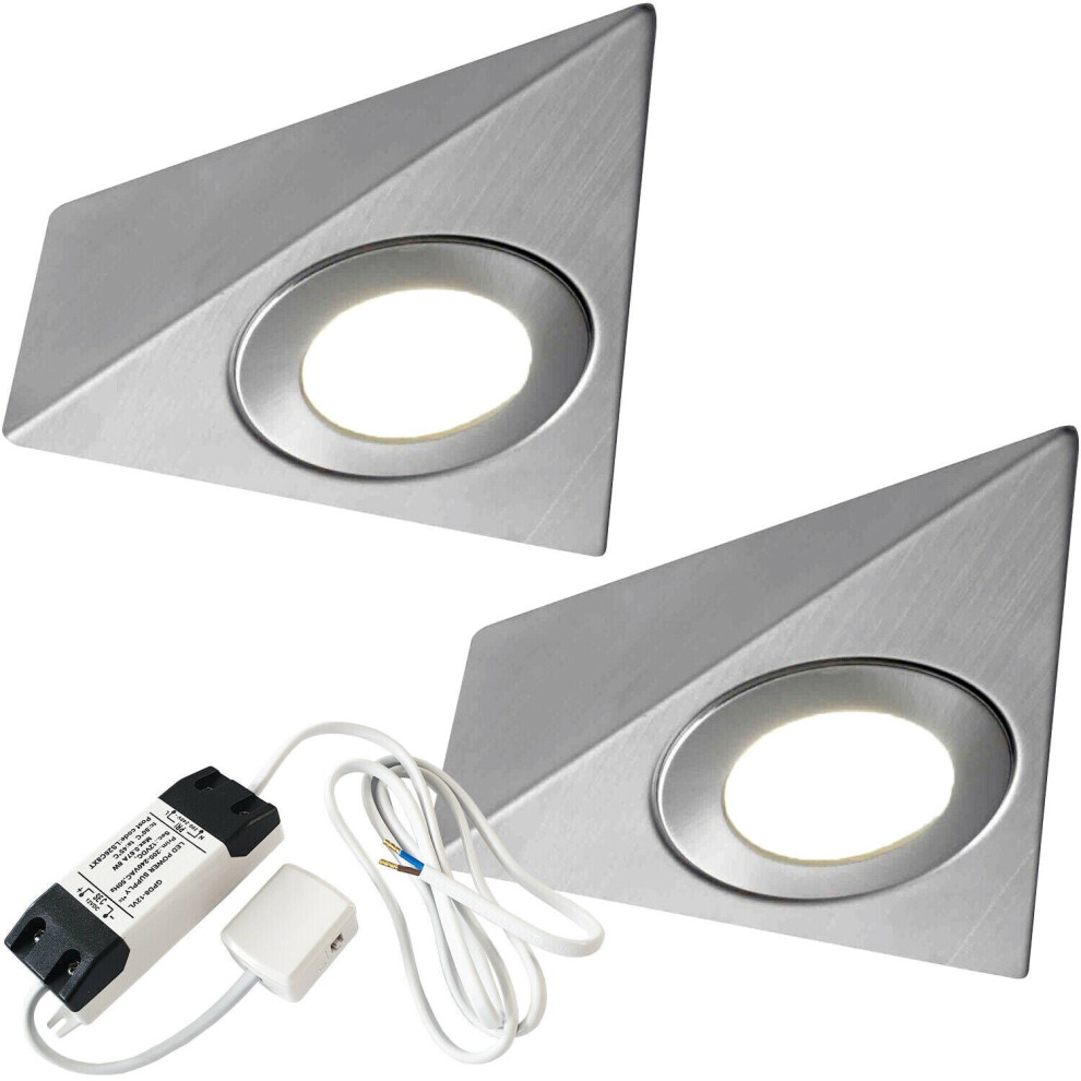 2x BRUSHED NICKEL Pyramid Surface Under Cabinet Kitchen Light & Driver Kit - Warm White LED