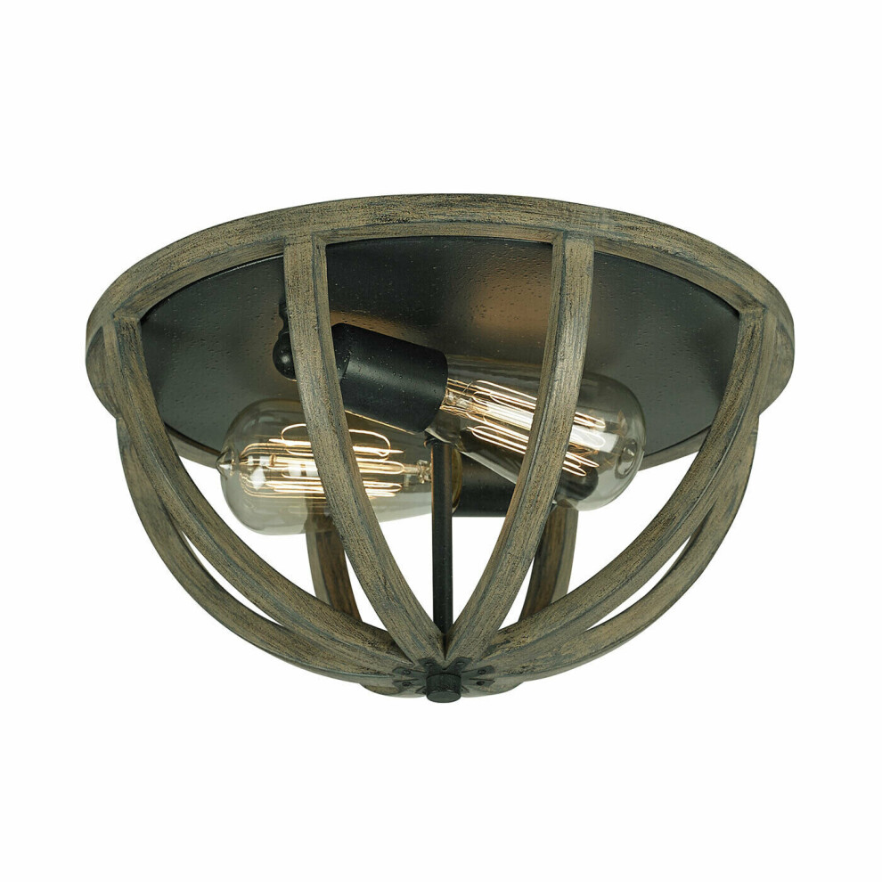 Loops 2 Bulb Flush Low Ceiling Weather Oak Wood Antique Forged Iron Led E27 60W Light