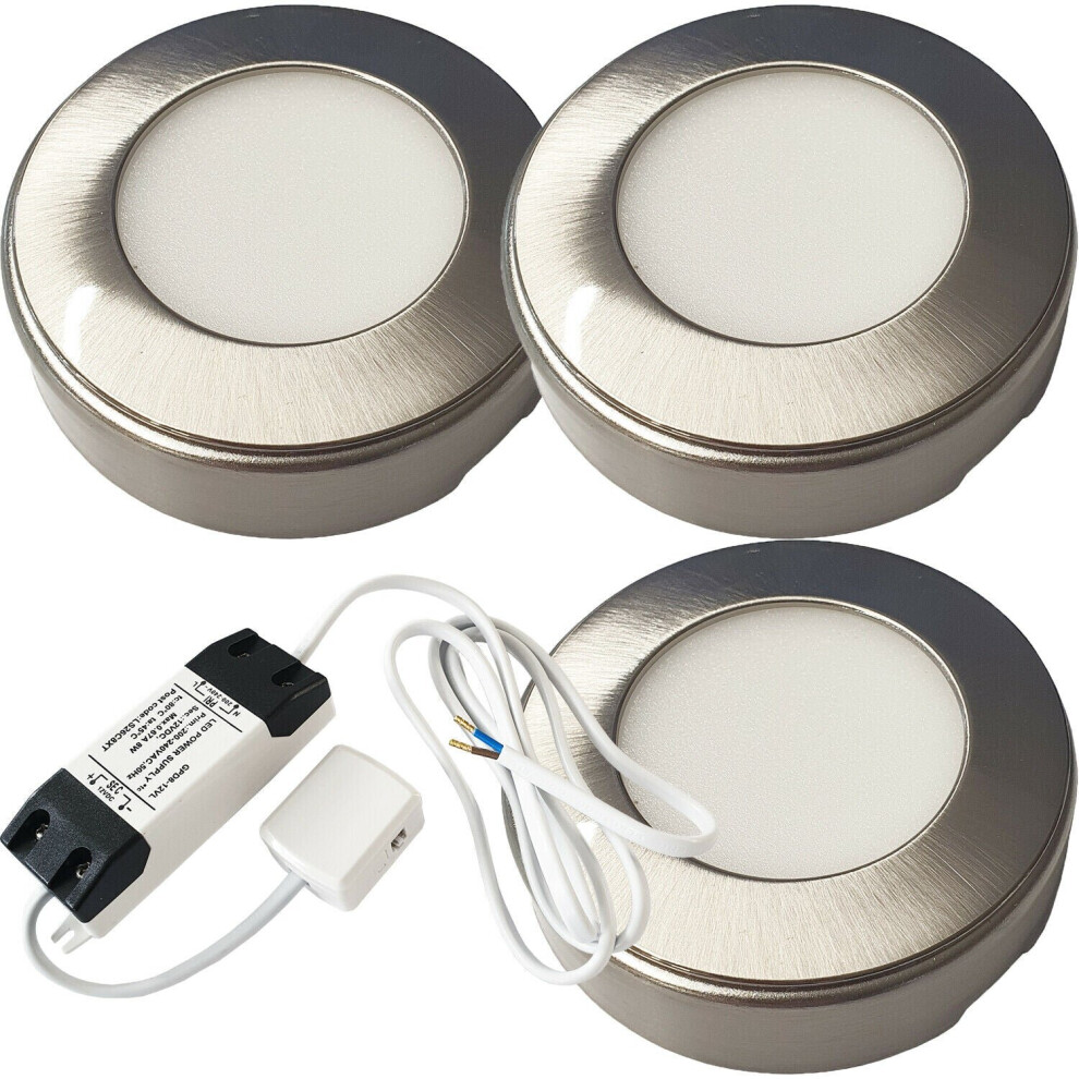 3x 2.6W LED Kitchen Cabinet Surface Spot Lights & Driver Kit Steel Warm White