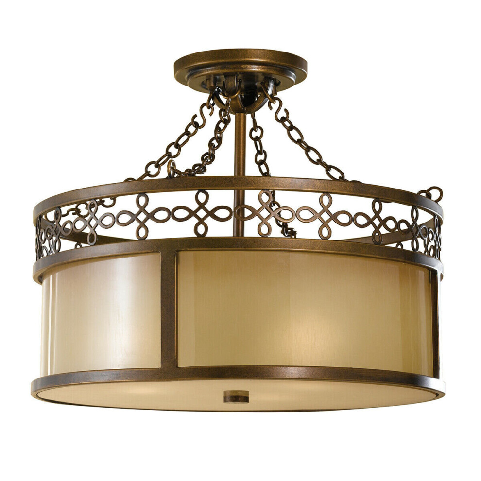 Loops 3 Bulb Semi Flush Detailed Ironwork Glass Aged Oak Astral Led E27 60W Bronze