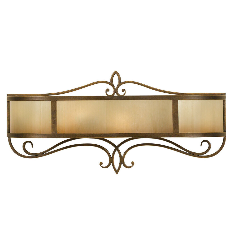 Twin Wall Light Wide Iron Scroll Detail Glass Aged Oak Astral Bronze LED E14 60W