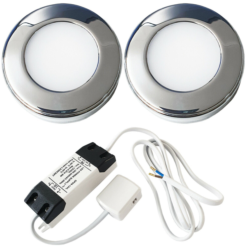 2x 2.6W LED Kitchen Cabinet Surface Spot Lights & Driver Chrome Natural White