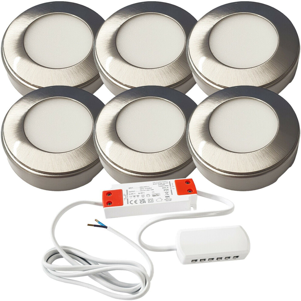 6x 2.6W LED Kitchen Cabinet Surface Spot Lights & Driver Kit Steel Warm White