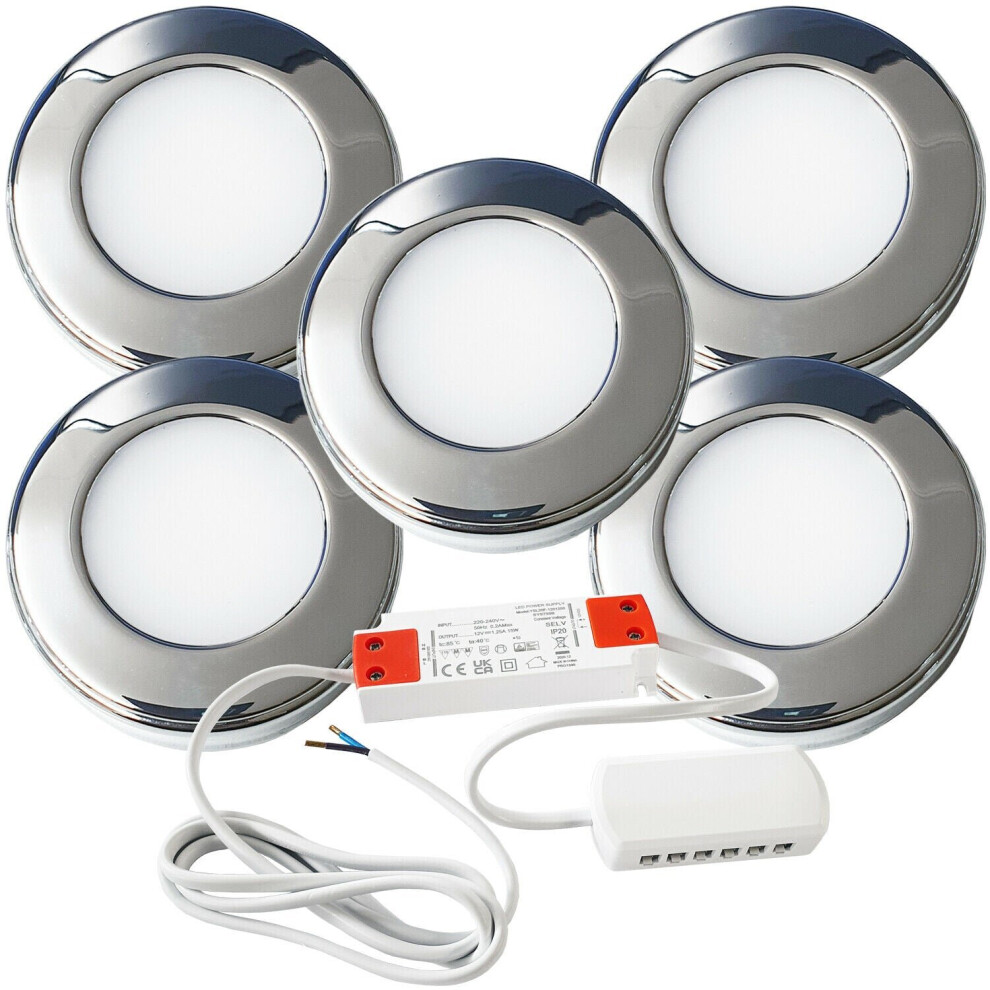 5x 2.6W LED Kitchen Cabinet Surface Spot Lights & Driver Chrome Natural White