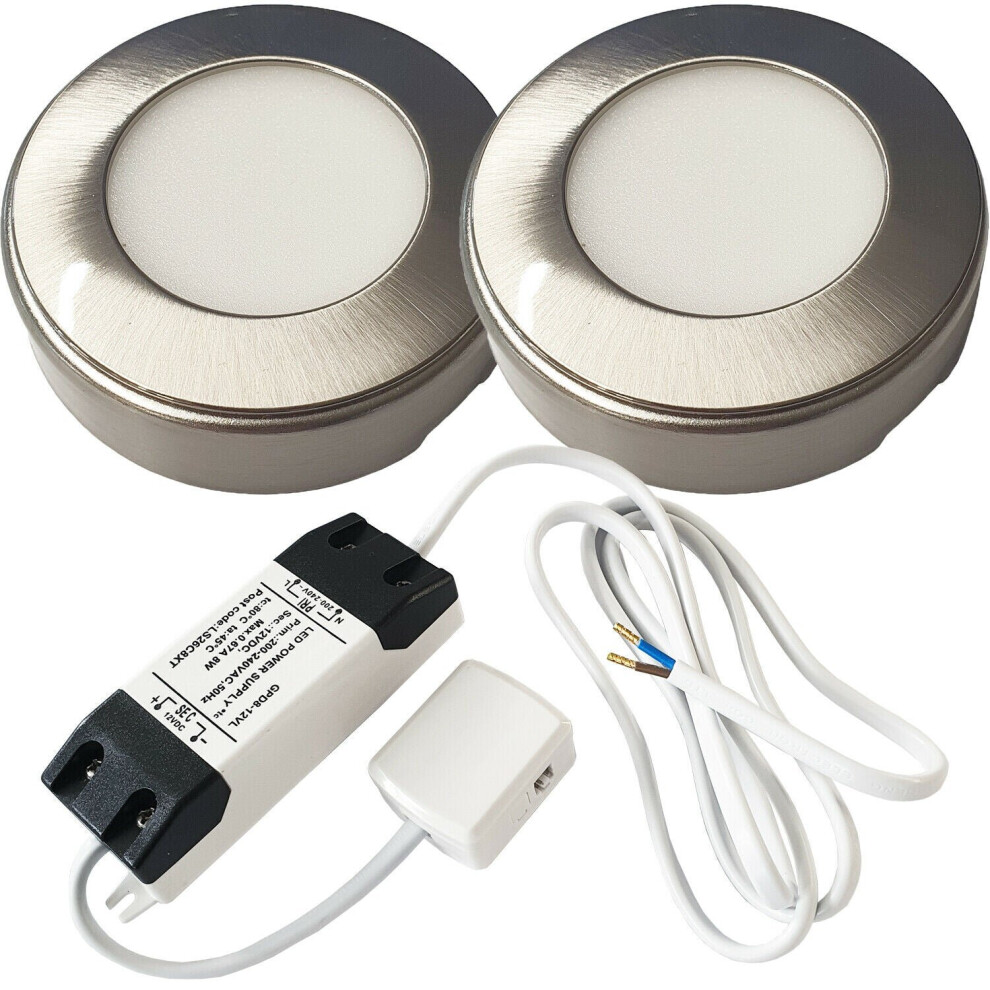2x 2.6W LED Kitchen Cabinet Surface Spot Lights & Driver Kit Steel Warm White