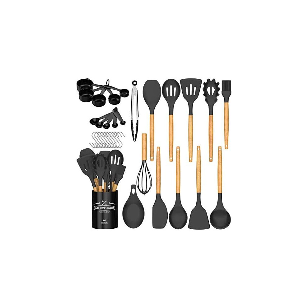 Umite Chef Kitchen Cooking Utensils Set, 24 pcs Non-Stick Silicone Cooking Kitchen Utensils Spatula Set with Holder, Wooden Handle Heat Resi