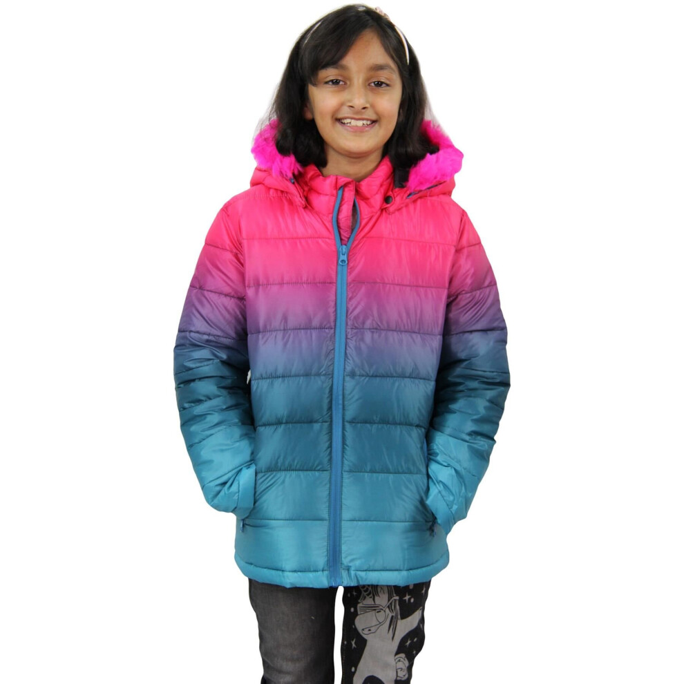 (13 Years, Two Tone Cerise) Girls Hooded Jacket Rainbow Faux Fur Parka Coat