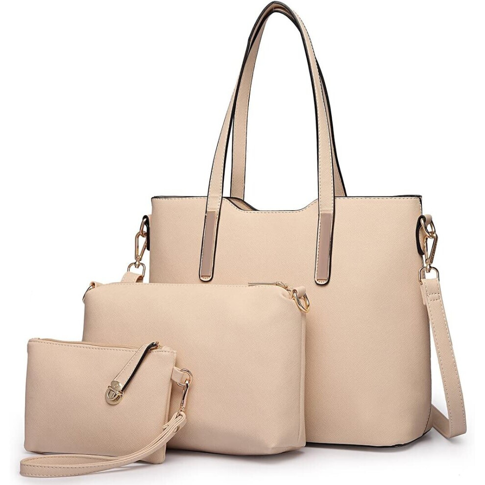 Miss Lulu Women Fashion Handbag Shoulder Bag Purse Faux Leather Tote 3 Piece (Beige)