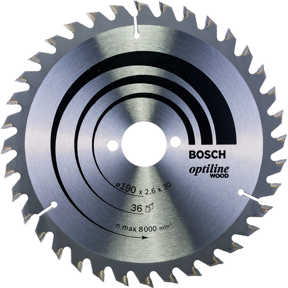 Bosch 2608640616 Optiline Wood Circular Hand Saw Blade, 190mm x 2.6mm x 30mm, 36 Teeth, Silver