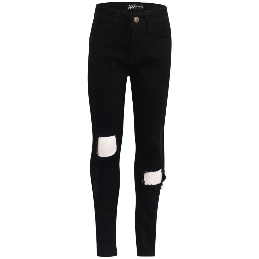 9-10 Years, Jet Black) Kids Girls Skinny Ripped Jeans Black Denim