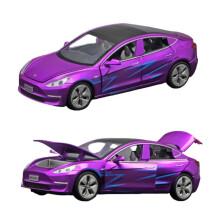 (Purple) 1:32 Tesla Model 3 Alloy Vehicles Sound Light Pull Back Car Diecasts Toy