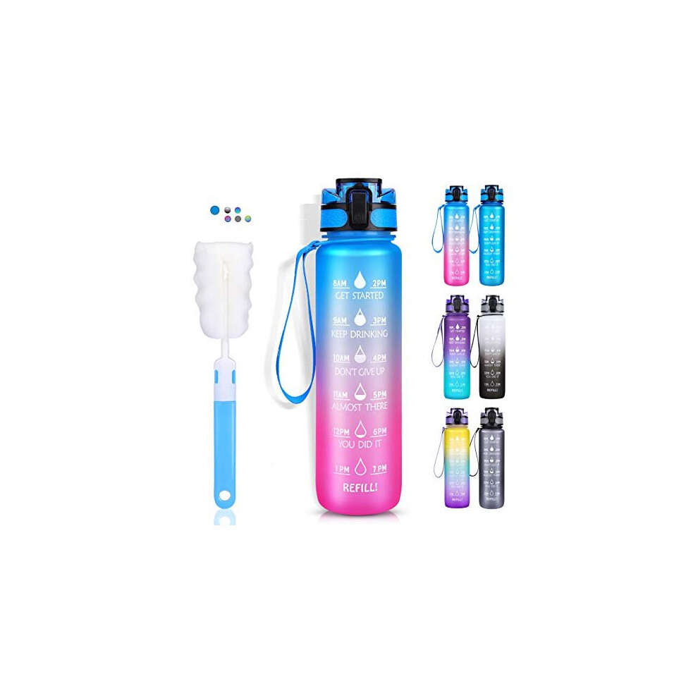 Sports Water Bottle, LEHOM 1 Litre Motivational Water Bottle with Time Markings, Reusable BPA Free Leakproof Drinks Bottle with Filter & Cleaning