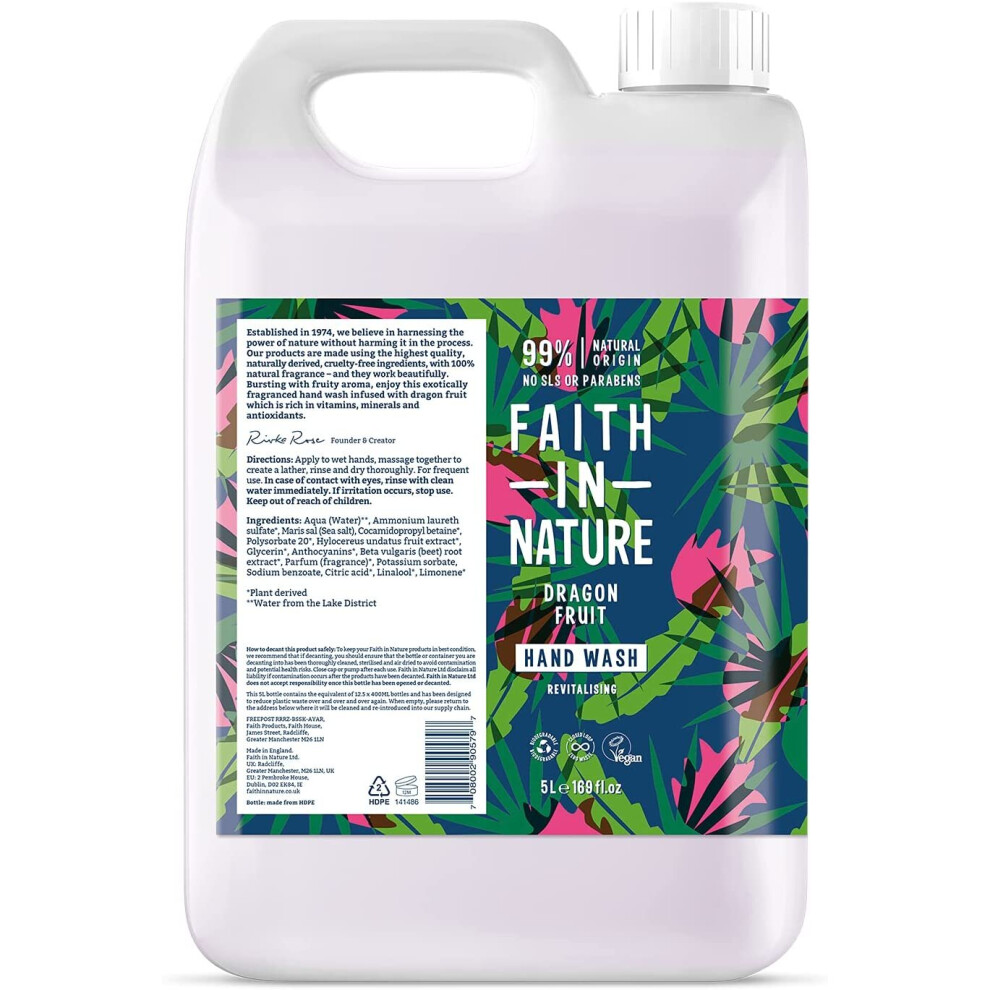 Faith In Nature Natural Dragon Fruit Hand Wash, Revitalising, Vegan & Cruelty Free, Parabens and SLS Free, 5L Refill Pack