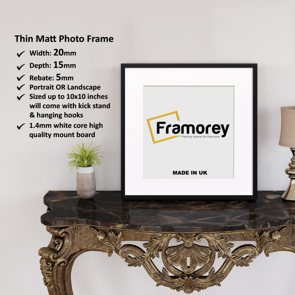 (Black With White Mount, 20x20CM Pic (25x25CM Frame)) Square Size Thin Matt Black Picture Frame Wall Art Frames Flat Wooden Effect Poster Frame