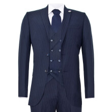 (44) Men's 3 Piece Navy Blue Pinstripe Retro Suit