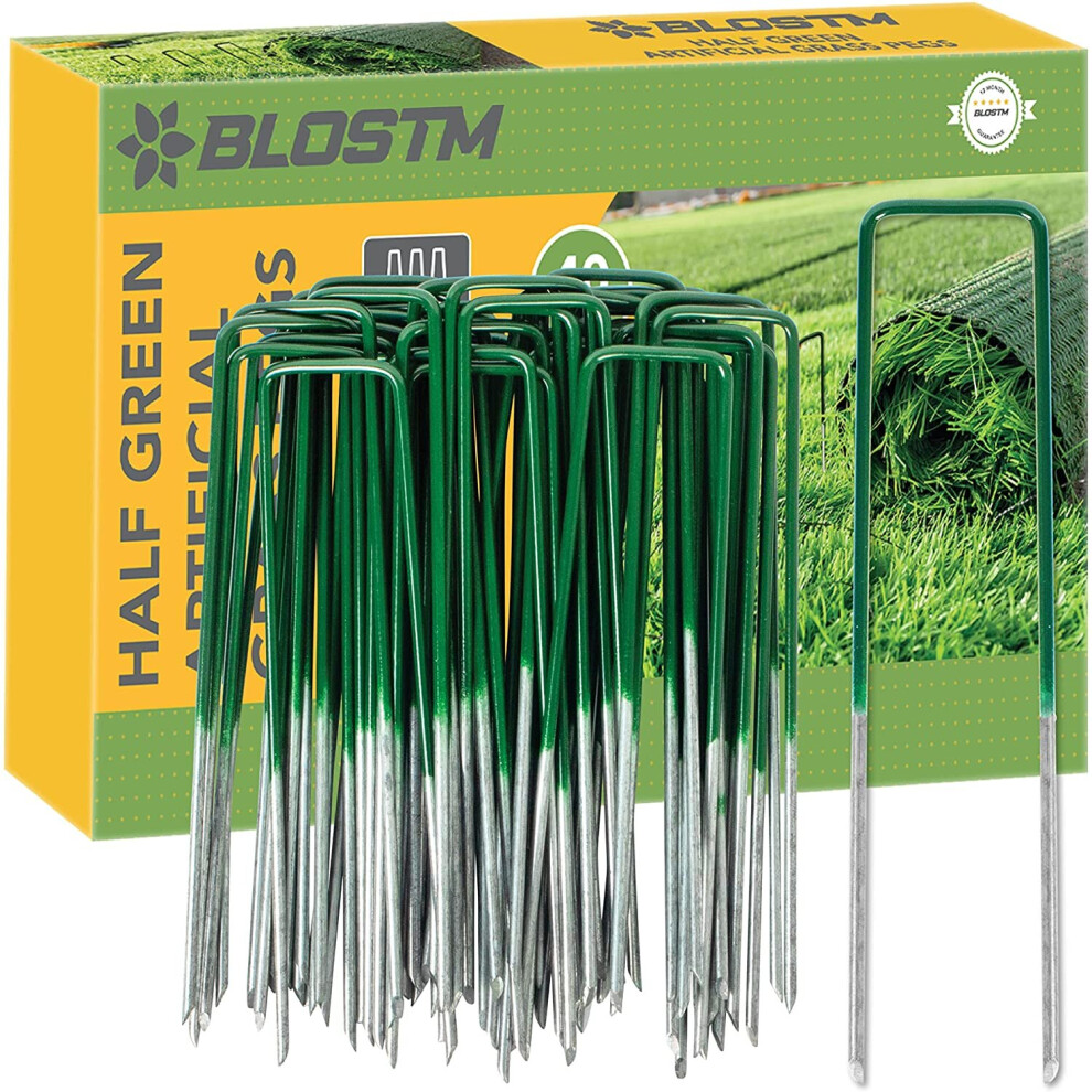 BLOSTM Half Green Garden Pegs - 40PCS for use as Artificial Grass Pins, Garden Fleece Pegs, Weed Control Pegs, Garden Membrane...