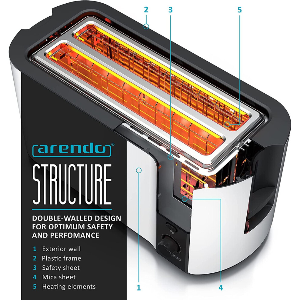 arendo---frukost-4-slice-long-slot-toaster---double-wall-housing---with-warming-rack---6-browning-settings---auto-bread