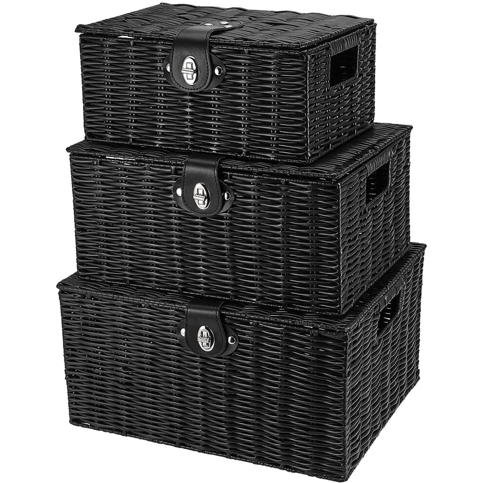 HAKZEON Set of 3 Resin Woven Storage Baskets, Wicker Hamper Storage Baskets Box with Lid & Lock for Storage, Decor, Black