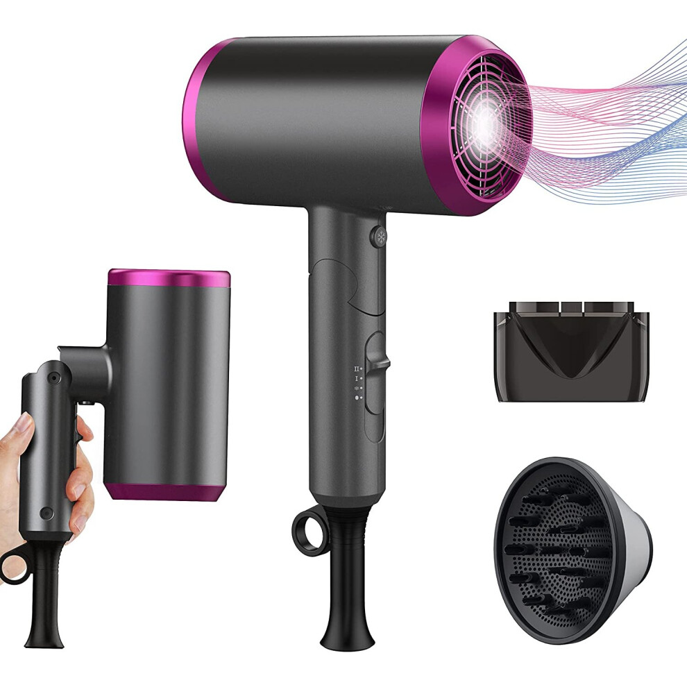 Travel Hair Dryer with Diffuser, Professional Hairdryer Low Noise Lightweight Blow Dryer for Curly Hair Concentrator with 3...