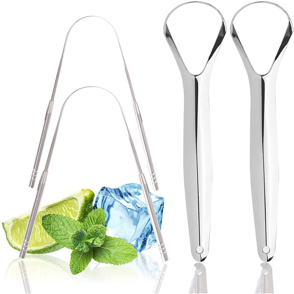AZLTDCOW 4pack Professional Tongue Scraper, Stainless Steel Tongue Cleaners, 2 Types Tongue Brusher and Tongue Scraper with...
