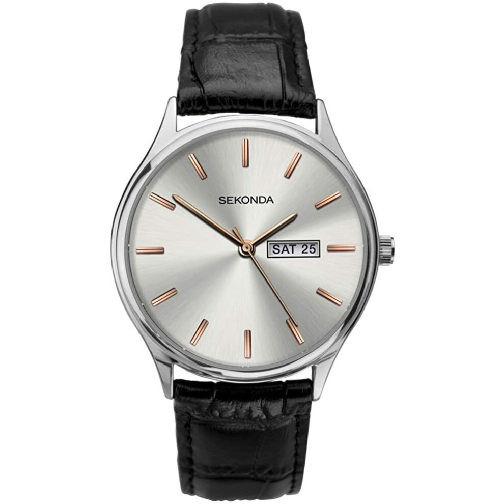 Sekonda Black Leather Silver and Rose-Gold Dial Strap Watch 1686