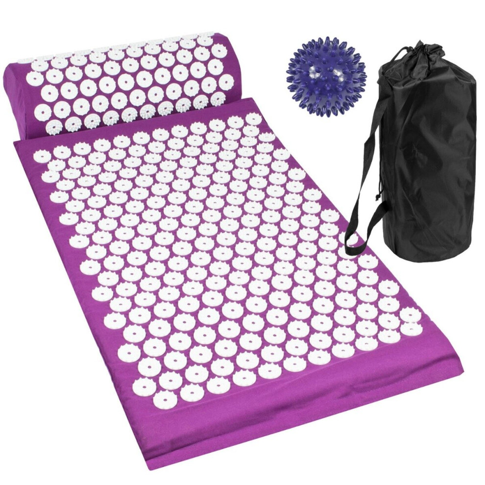 (Purple) Acupressure Mat with Pillow & Ball Acupuncture Pin Massage Set Neck Pain Relief