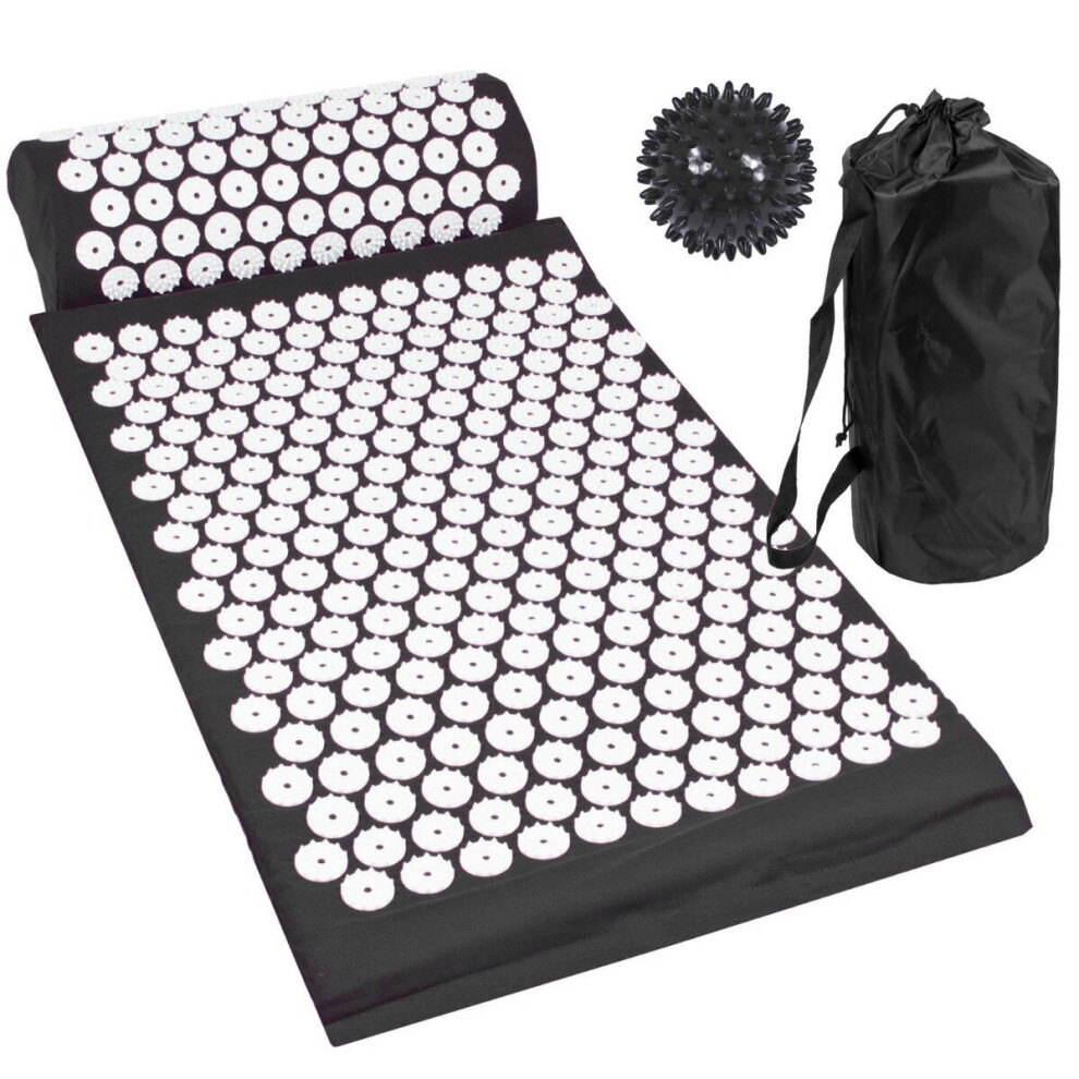 Komodo (Black) Acupressure Mat With Pillow & Ball Acupuncture Pin Massage Set Neck Pain Relief Black
