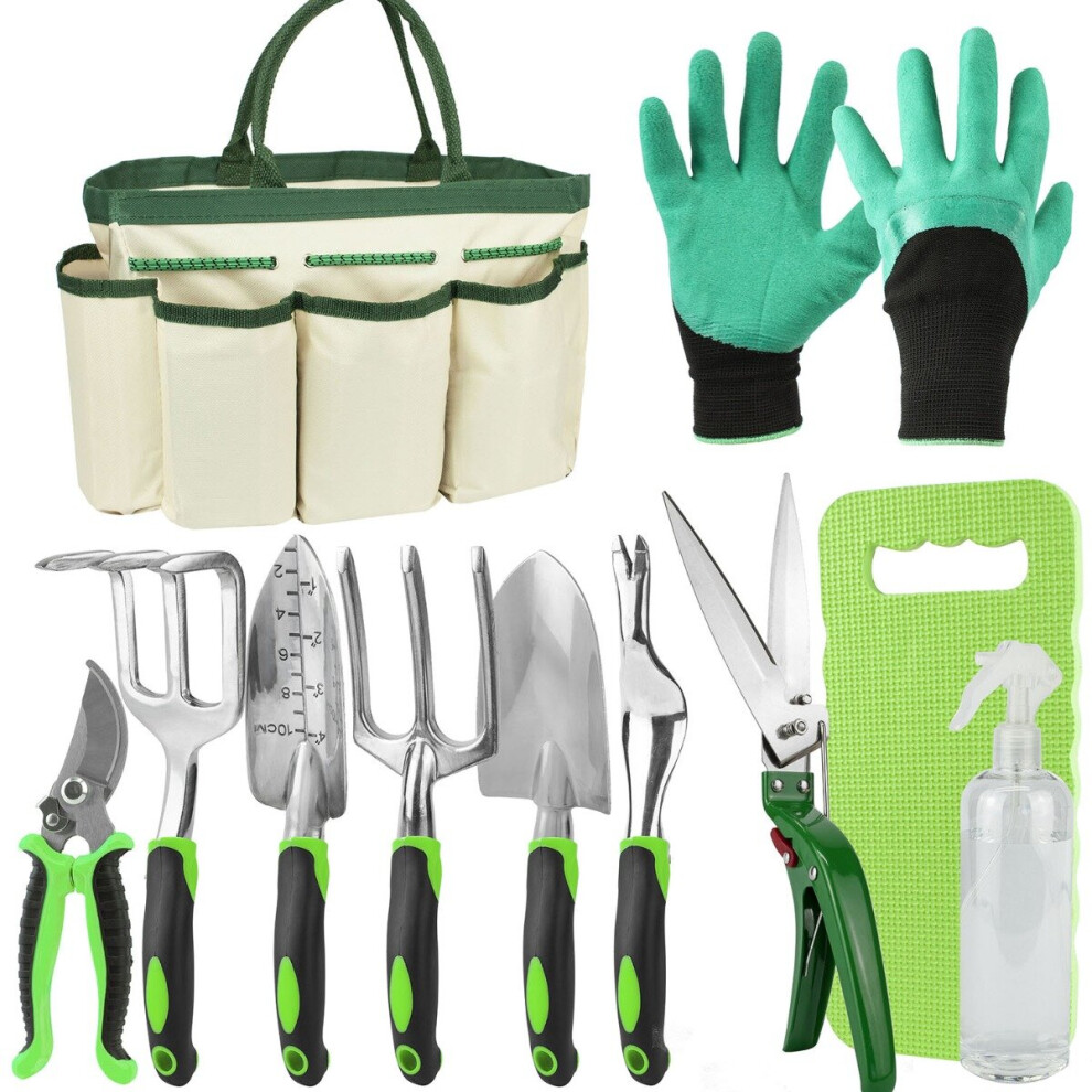 11-Piece Garden Tools Set with Bag – Trowel, Secateurs, Fork, Knee Pad, Gloves & Spray Bottle | GRD-BAG-TOL-SET-GRN