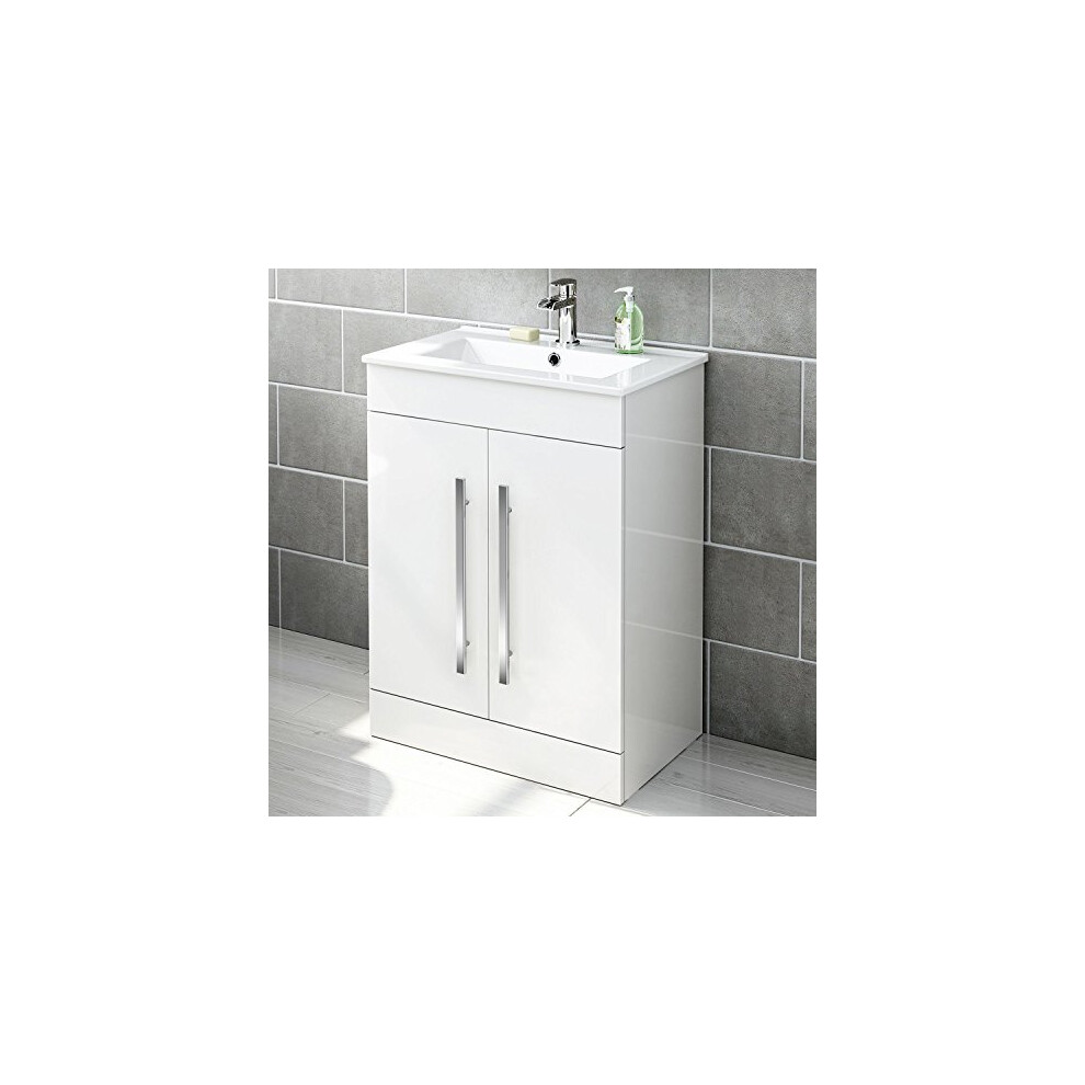 Ibathuk Vanity Sink Unit Ceramic Basin Bathroom White Walnut Grey Storage Furniture (White, Door Unit)