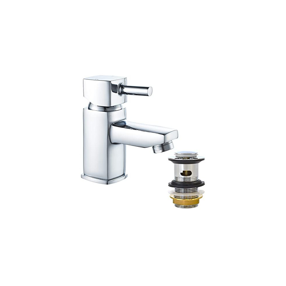 XBMY Basin Taps with pop up Waste,Mono Square Single Lever Chrome Bathroom Sink Mixer Tap for Washroom&Cloakroom