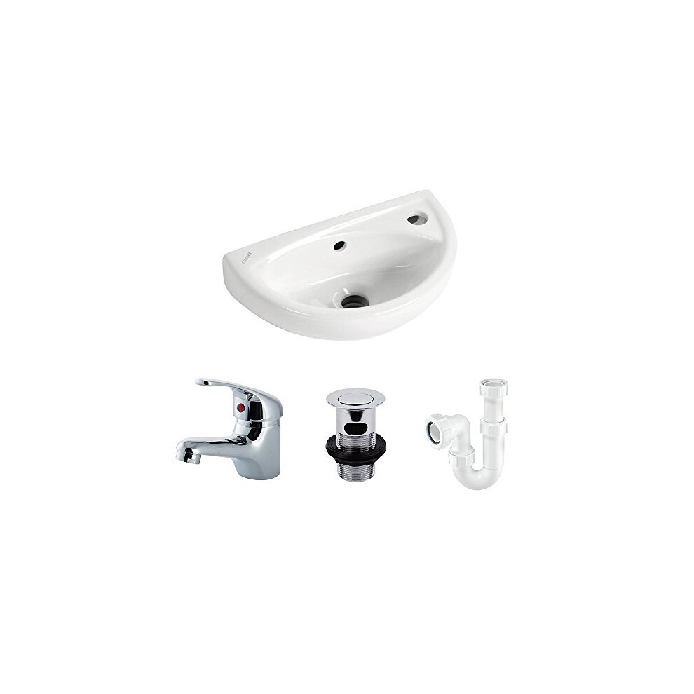 Small Compact Tiny Bathroom Cloakroom Basin Sink Wall Hung Curved with Fixings, tap, Waste, and Trap