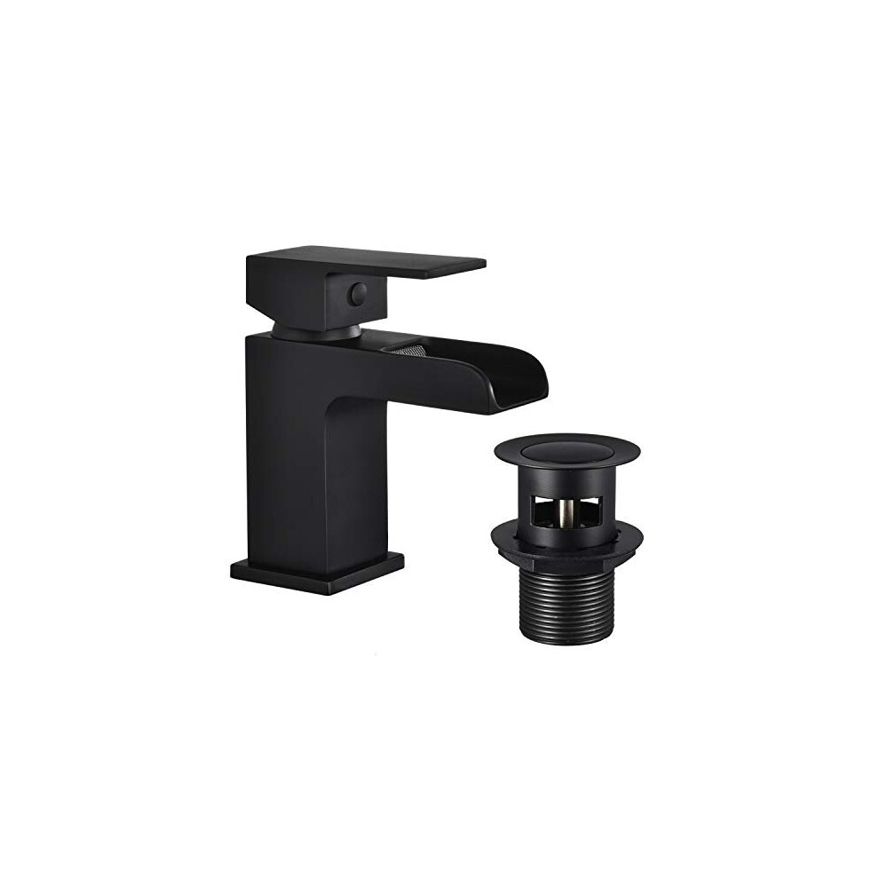 Funime Black Square Basin Taps with Pop up Waste Waterfall Semi-Open Bathroom Sink Taps Brass