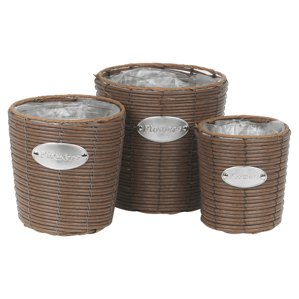 (Tall, Topaz Brown) 3 Pc Rattan Design Flower Plant Pot Planter Basket